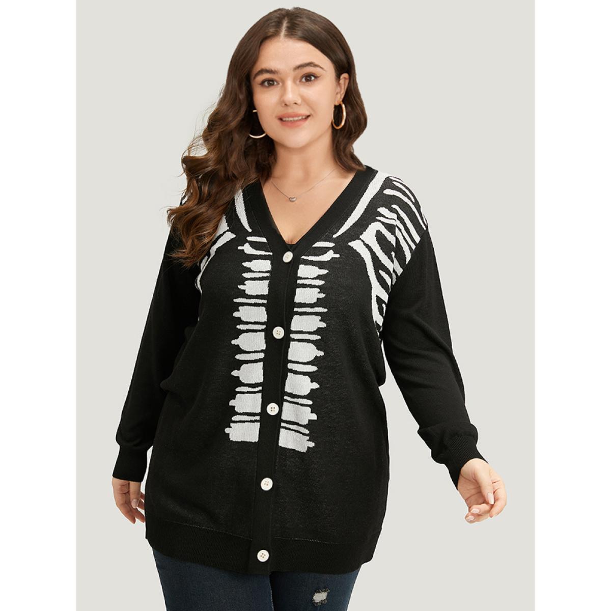 Plus Size Halloween Skull Print Slightly Stretchy Cardigan Black Women Casual Loose Long Sleeve Festival-Halloween Cardigans BloomChic 12/L Product Image