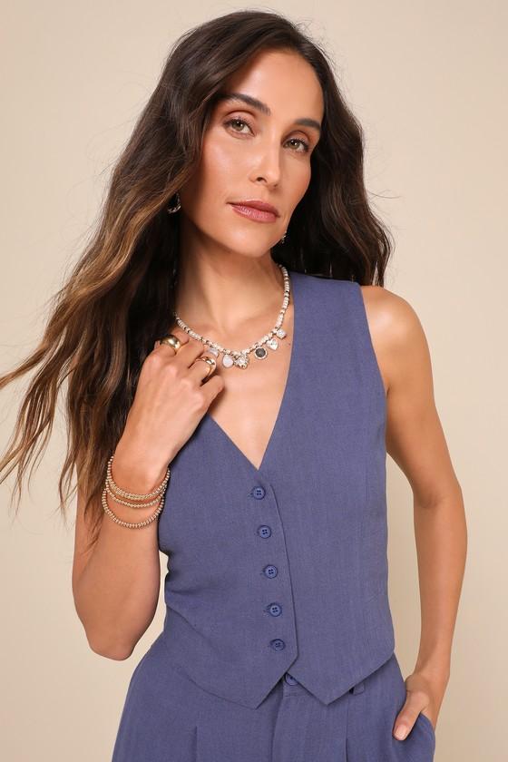 Suits You Perfectly Dark Blue Linen Vest Product Image