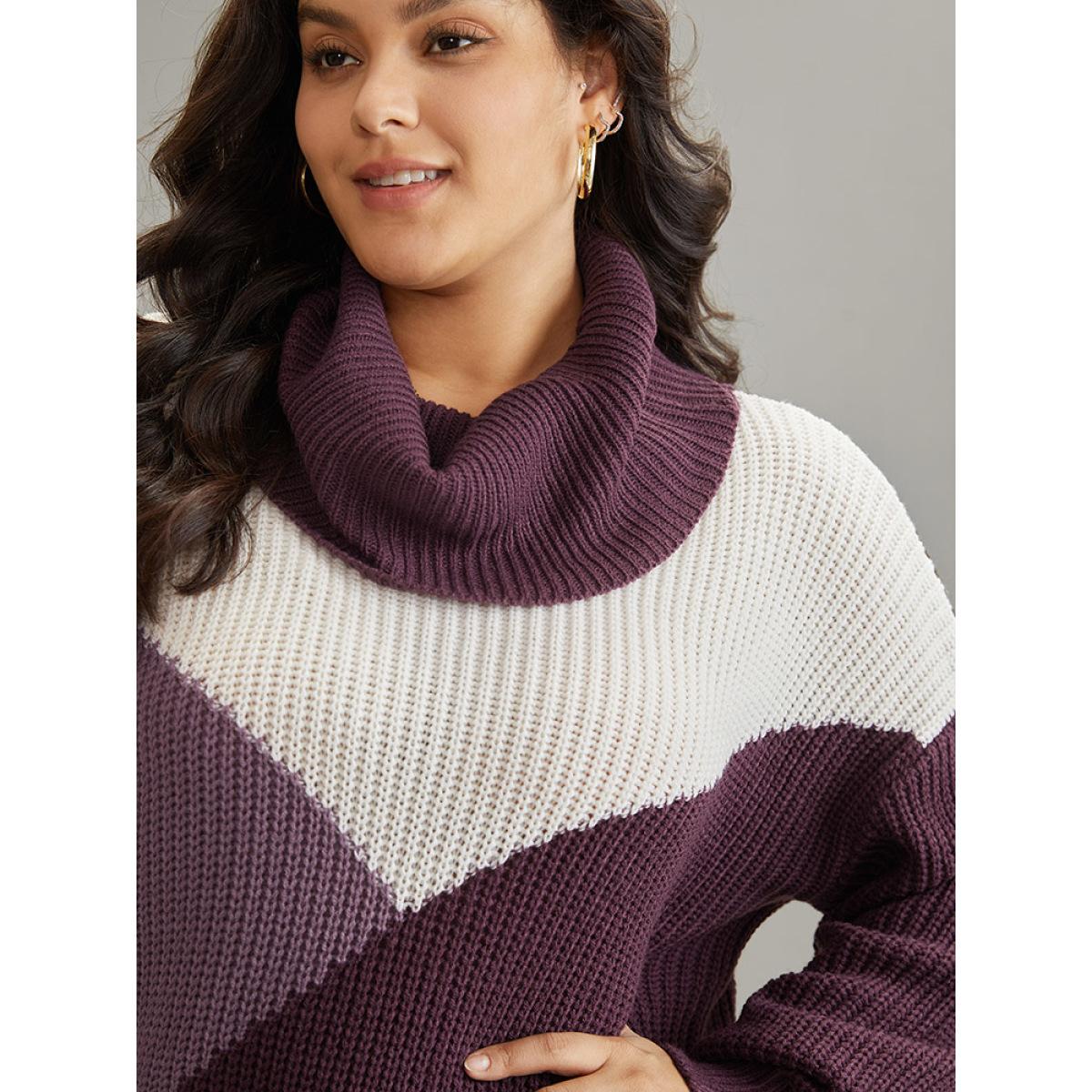 Plus Size Asymmetrical Colorblock Turtle Neck Drop Shoulder Pullover Purple Women Casual Loose Long Sleeve Turtleneck Dailywear Pullovers BloomChic 10/M Product Image