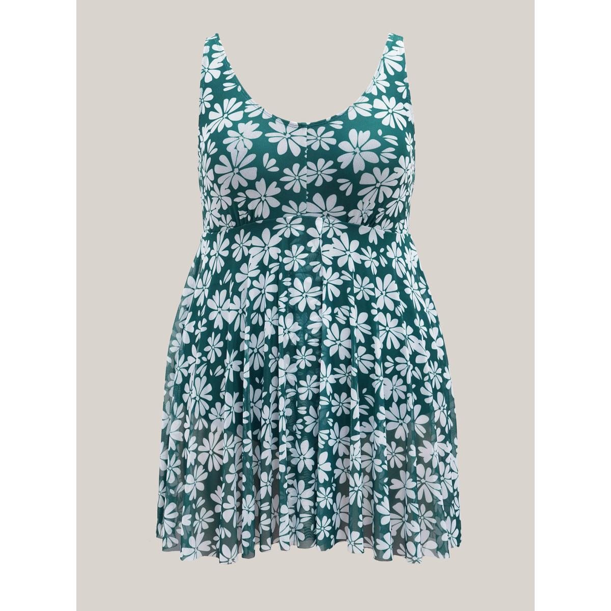 Plus Size Daisy Print Mesh Waist-Defining Swim Dress Women's Swimwear Truegreen Beach Bodycon U-neck High stretch Curve Swim Dresses BloomChic 18-20/2X Product Image
