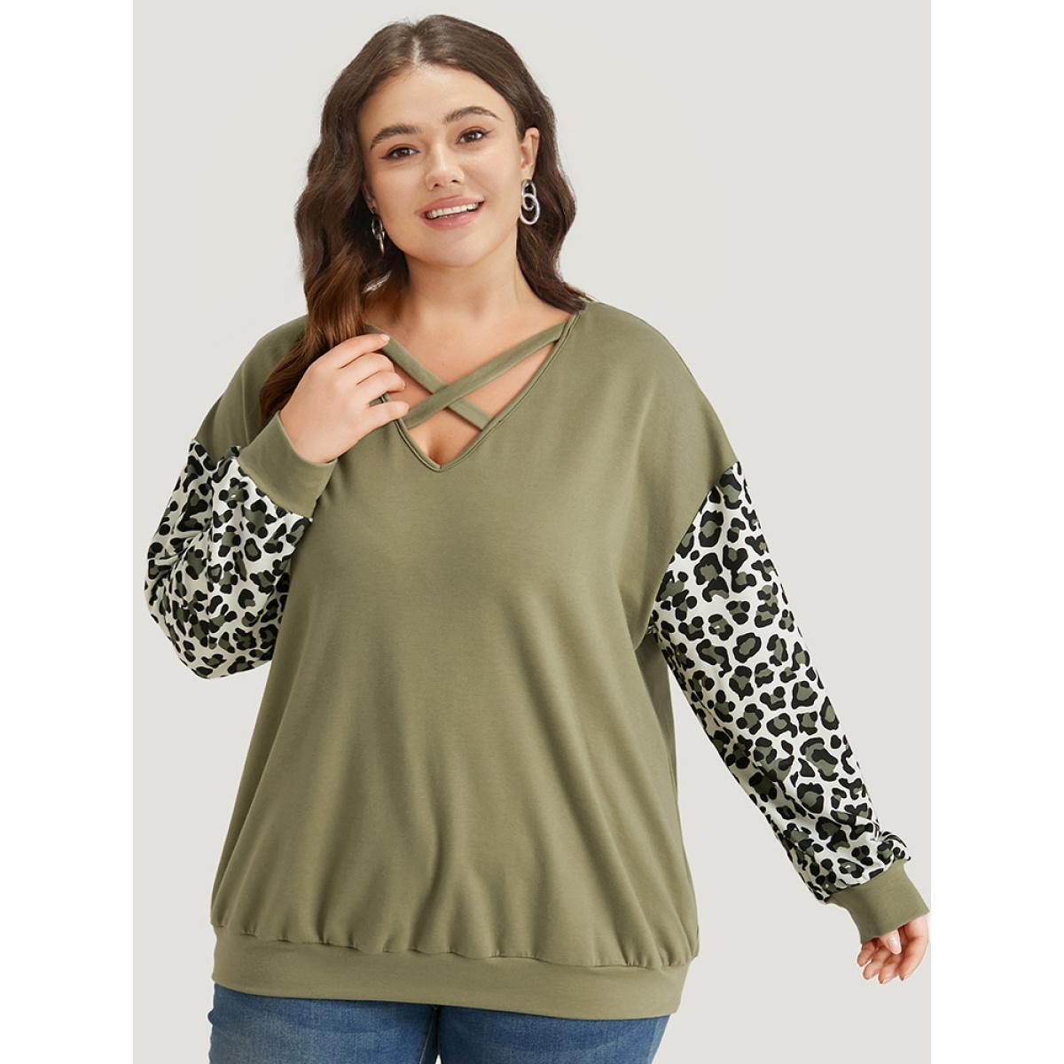 Plus Size Leopard Patchwork Crisscross Neck Elastic Cuffs Sweatshirt Women Sage Casual Elastic cuffs V-neck Dailywear Sweatshirts BloomChic 22-24/3X Product Image