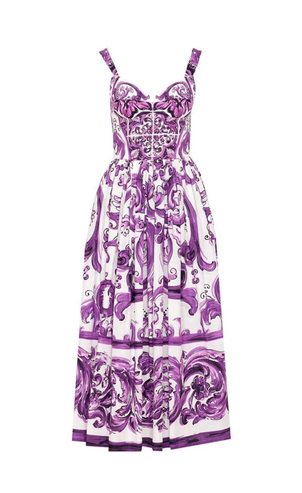 DOLCE & GABBANA Long Poplin Dress With Majolica Print In Purple Product Image