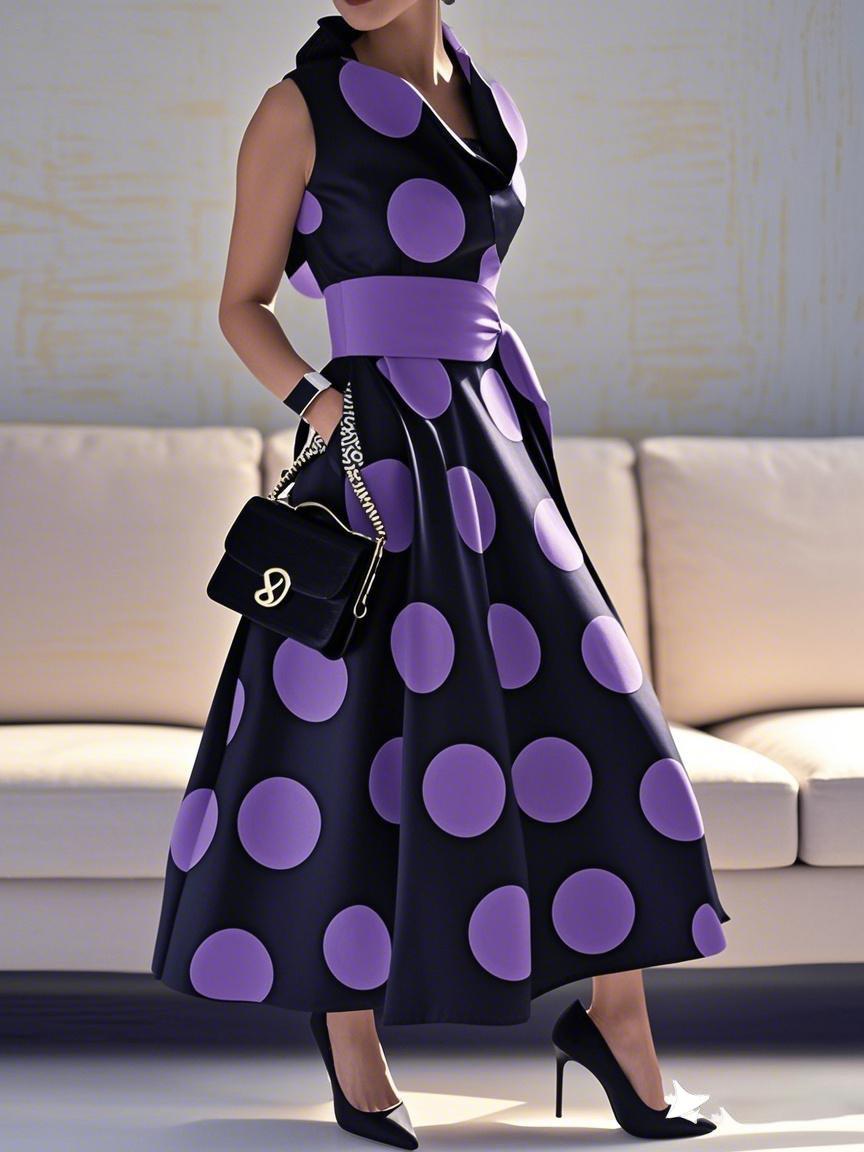A-Line Loose Pockets Polka-Dot Split-Joint Tied Waist Lapel Maxi Dresses Shirt Dress Product Image