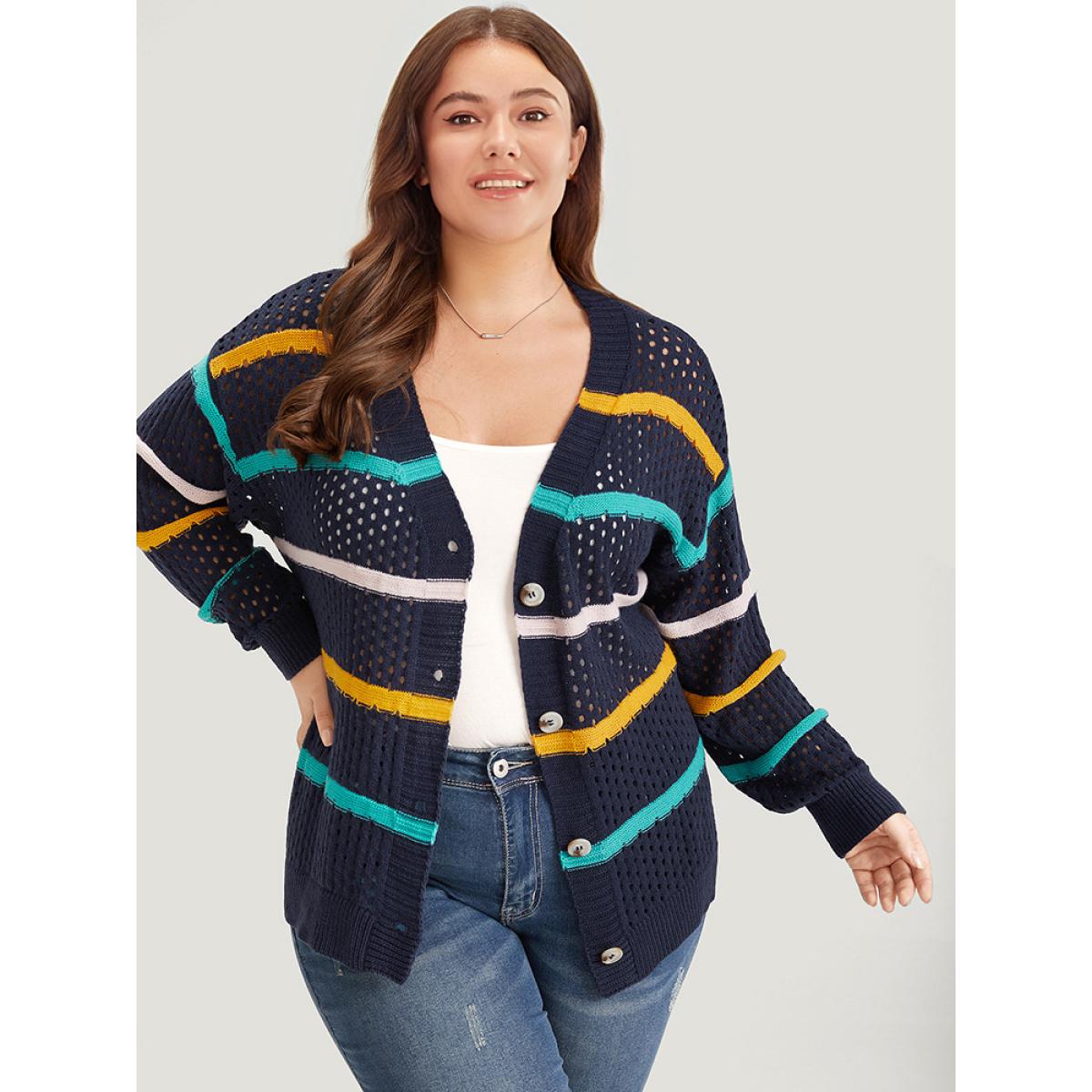 Plus Size Contrast Striped Button Through Hollow Out Cardigan Indigo Women Casual Loose Long Sleeve Everyday Cardigans BloomChic 22-24/3X Product Image