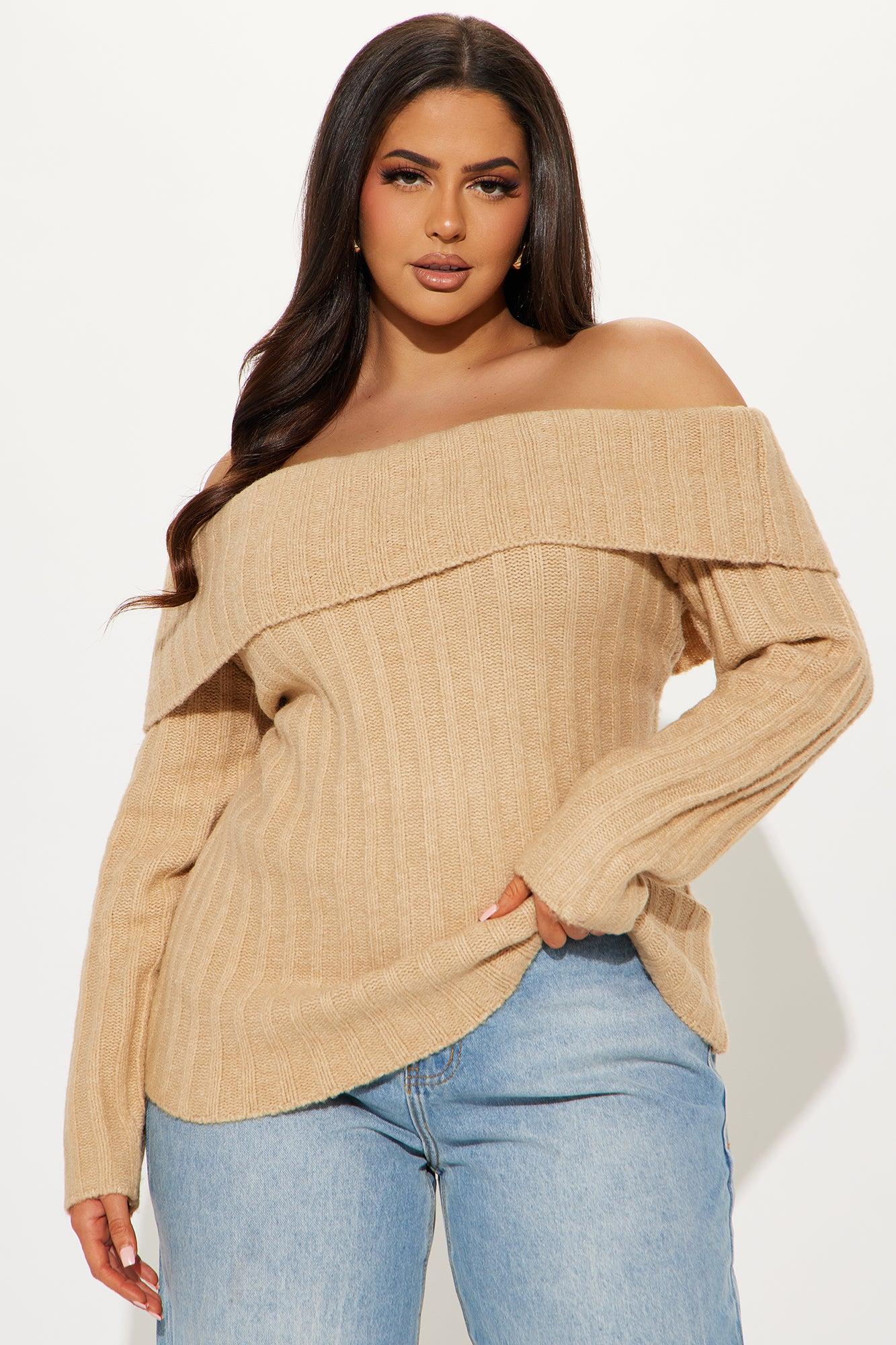 Mid City Off Shoulder Sweater - Taupe Product Image