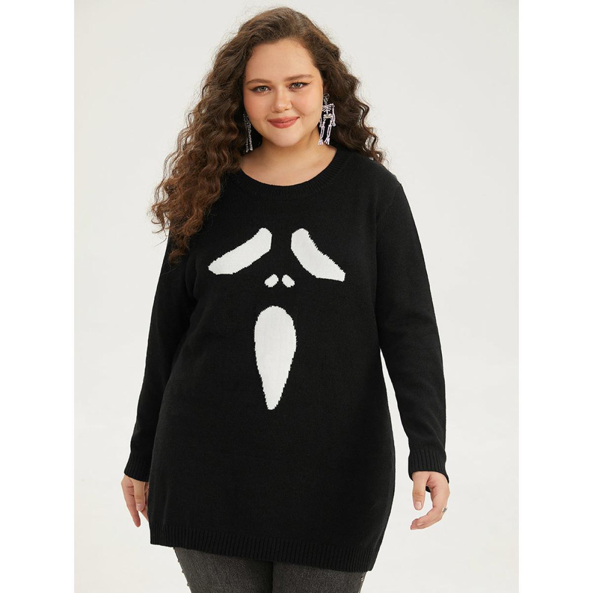 Plus Size Supersoft Essentials Halloween Ghost Face Print Pullover Black Women Casual Loose Long Sleeve Round Neck Festival-Halloween Pullovers BloomChic 28/5X Product Image