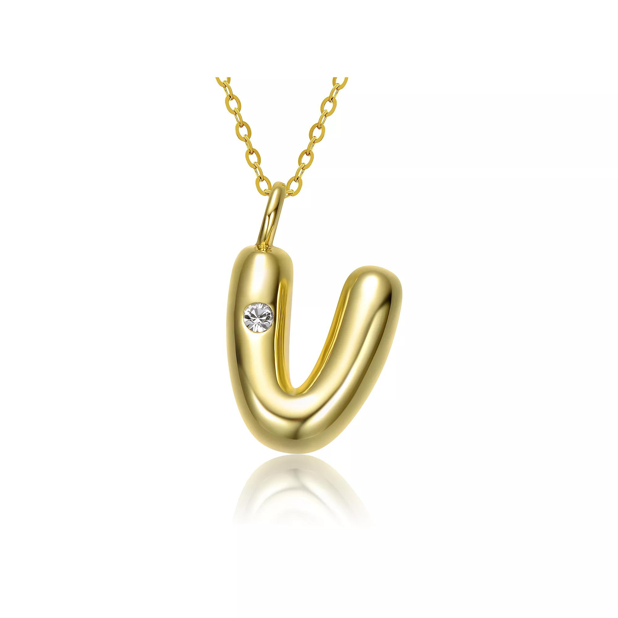14k Gold Plated Bubble Initial Pendant Necklace, Womens Gold Tone V Product Image