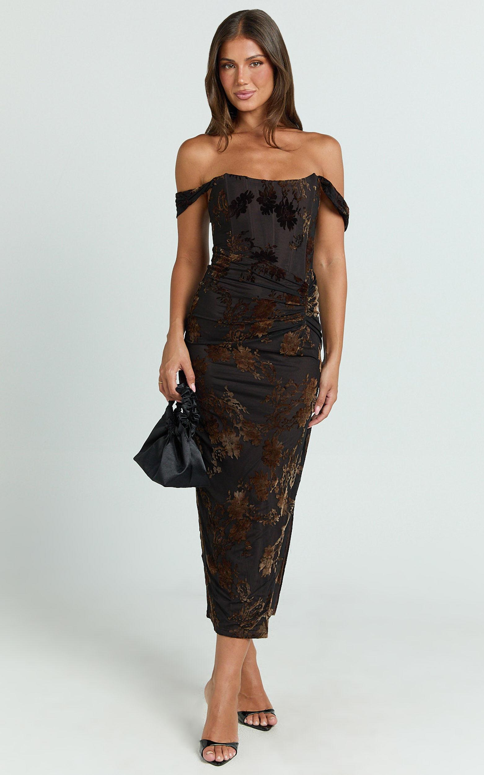 Karlene Midi Dress - Ruched Corset Burnout Dress in Black and Brown Product Image