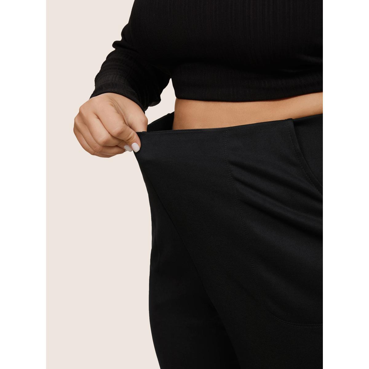 Plus Size Plain Rhinestone Patchwork Mesh Bootcut Pants Women Black Glamour Bootcut High Rise Party Pants BloomChic 30/6X Product Image