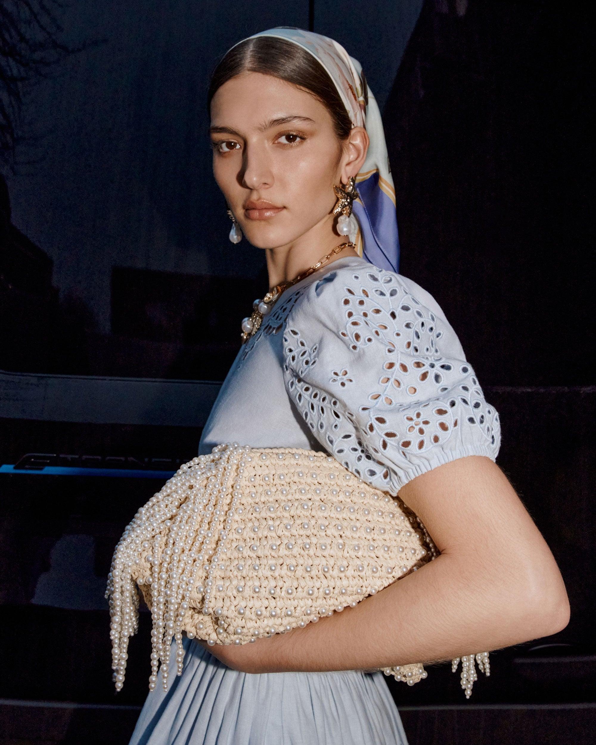 Raffia Pearl Fringe Clutch Product Image