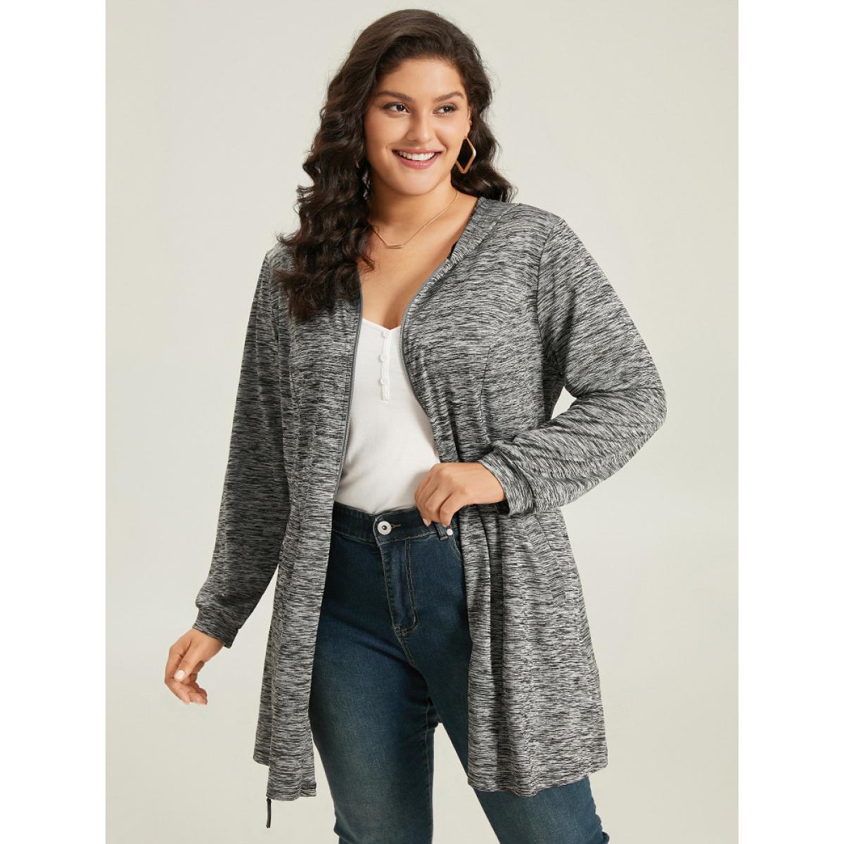 Plus Size Plain Heather Zipper Pocket Hooded Jacket Women DimGray Plain Pocket Dailywear Jackets BloomChic 10/M Product Image