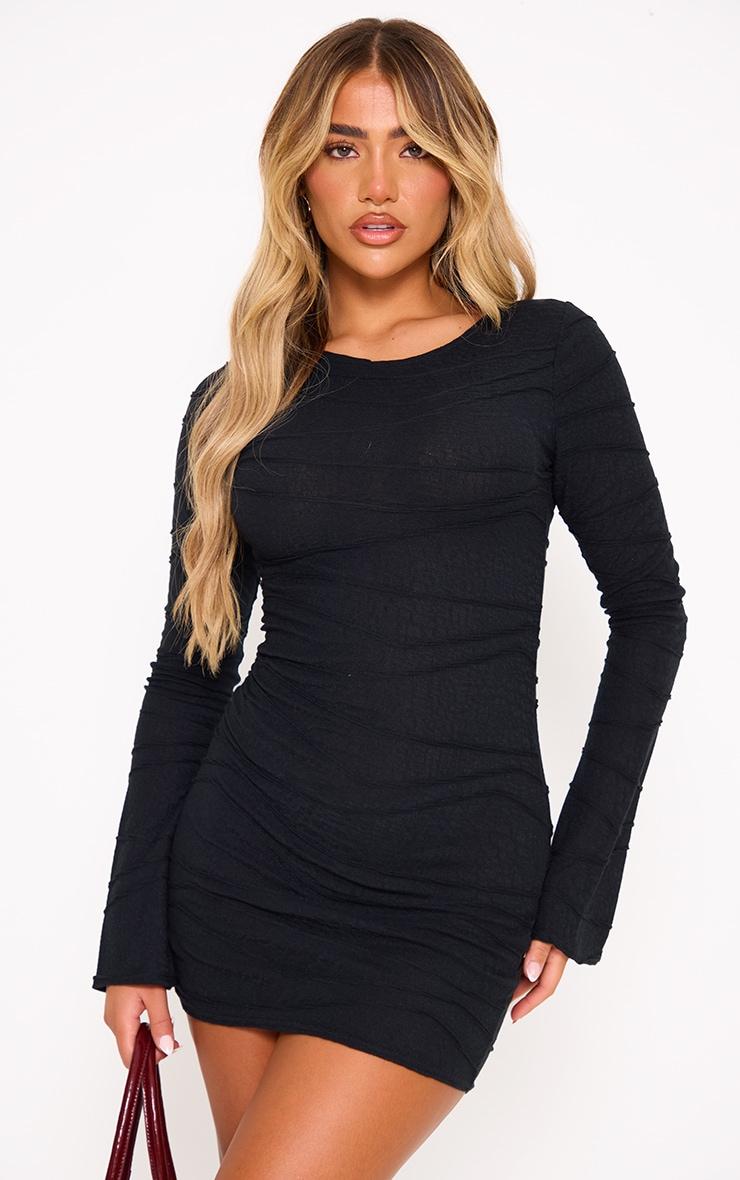Black Textured Flared Sleeve Shift Dress Product Image