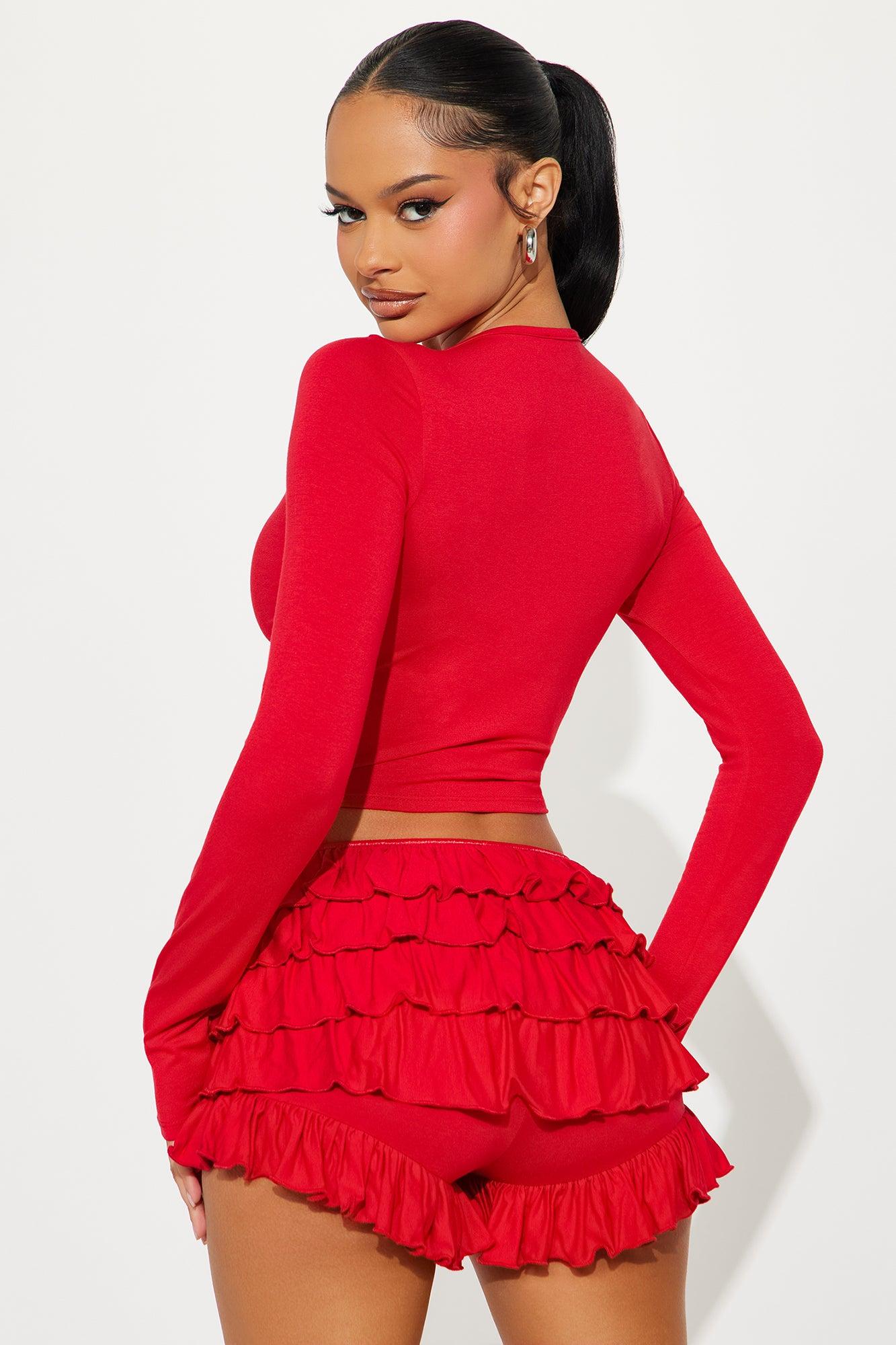 Raya Long Sleeve Ruffle Short Set - Red Product Image