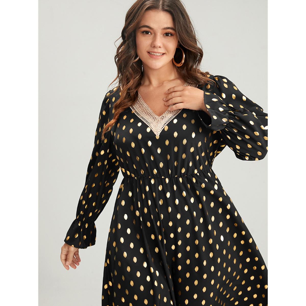 Plus Size Polka Dot Lantern Sleeve Pocket Lace Trim Midi Dress Black Women Party Lace V-neck Long Sleeve Curvy Midi Dress BloomChic 26/4X Product Image