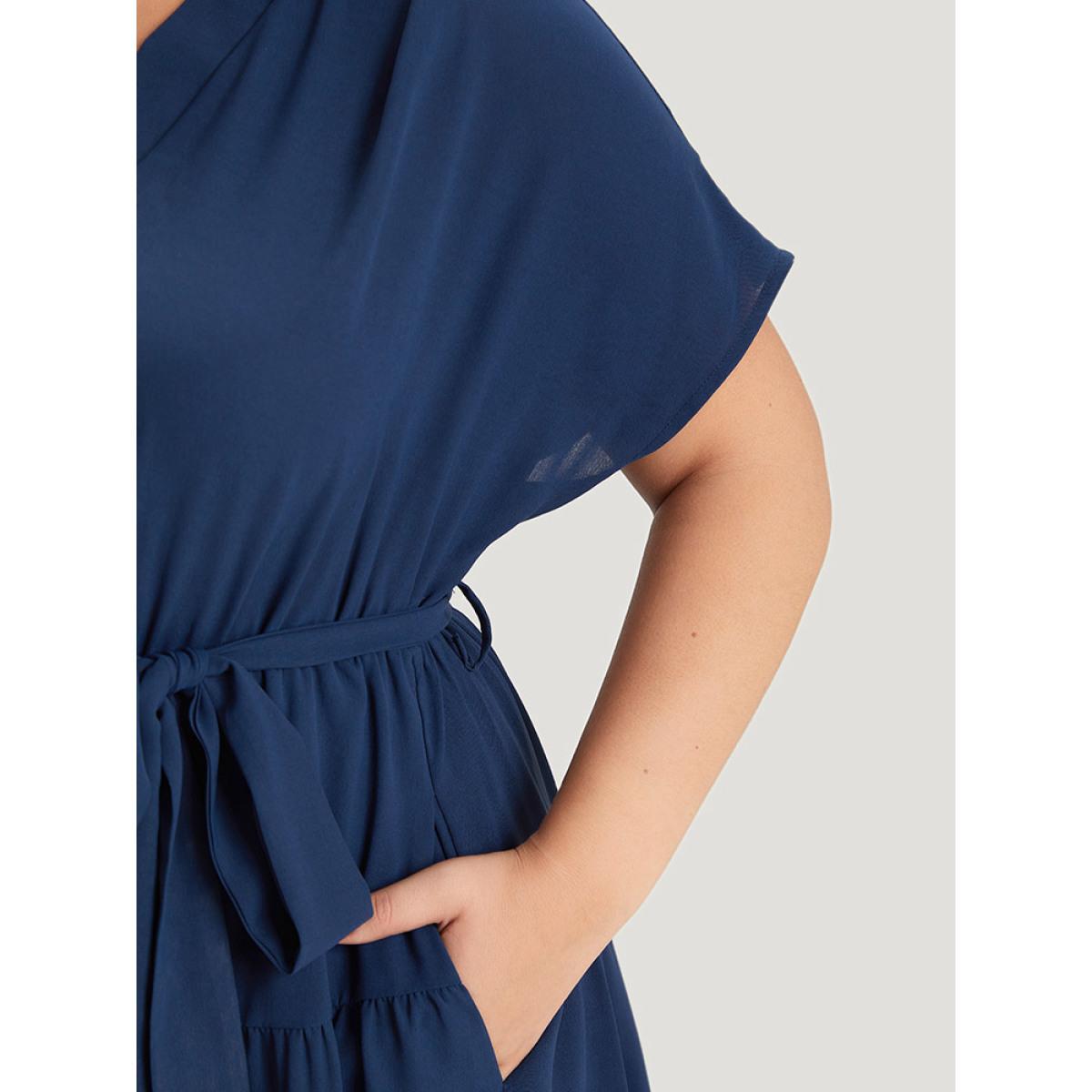Plus Size Plain Wrap Belted Ruffles Split Hem Dress DarkBlue Women Elegant V-neck Short sleeve Curvy Midi Dress BloomChic 14-16/1X Product Image