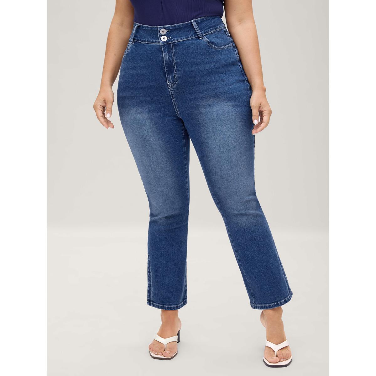 Plus Size Stretch No-Gap Waist Slit Hem Jeans Women Midblue Casual Slit High stretch Slanted pocket Jeans BloomChic 10/M Product Image
