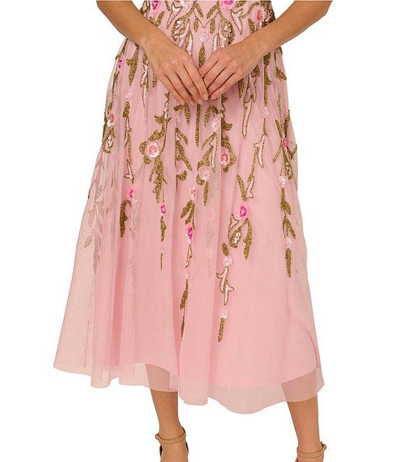 Adrianna Papell Off-The-Shoulder Floral Beaded Mesh A-Line Midi Dress Product Image