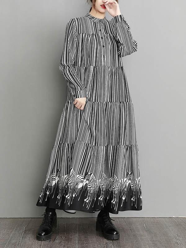 Vintage Loose Striped Buttoned Stand Collar Long Sleeves Midi Dress Product Image