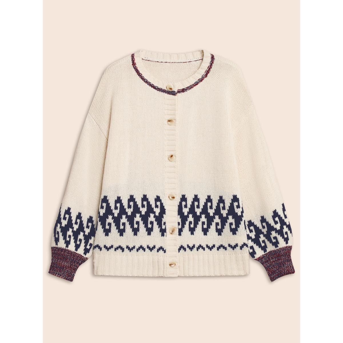 Plus Size Fair Isle Balloon Sleeve Crew Neck Cardigan Ivory Women Resort Loose Long Sleeve Vacation Cardigans BloomChic 14-16/1X Product Image