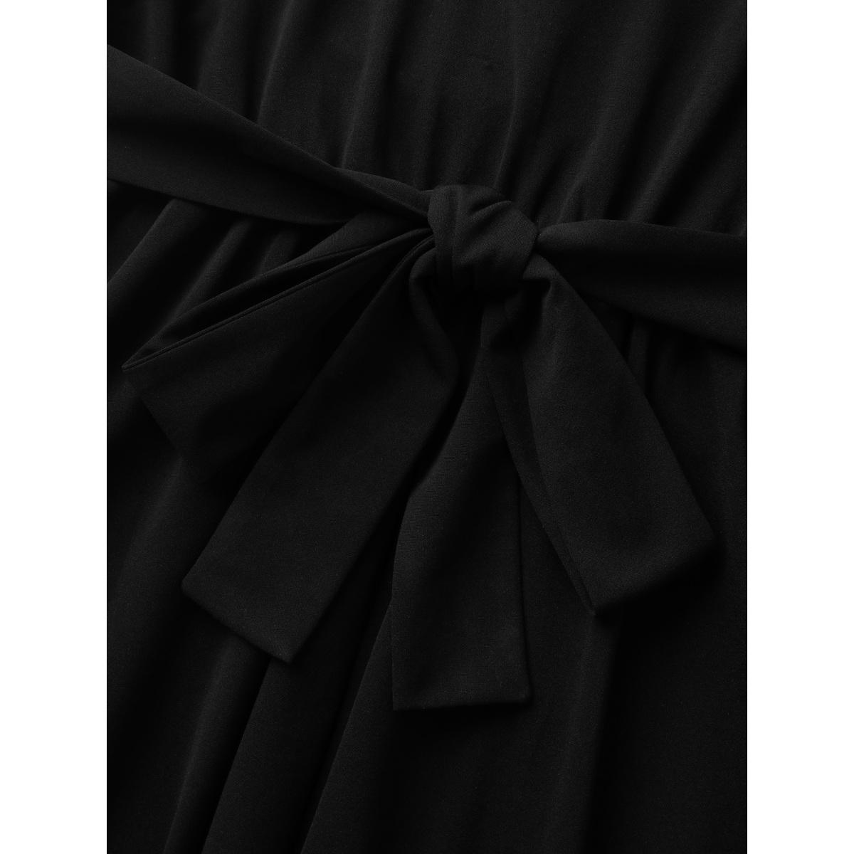 Plus Size Super Stretchy Overlap Waist Midi Dress Black Women Timeless Tie knot Heart neckline Short sleeve Curvy BloomChic 28/5X Product Image