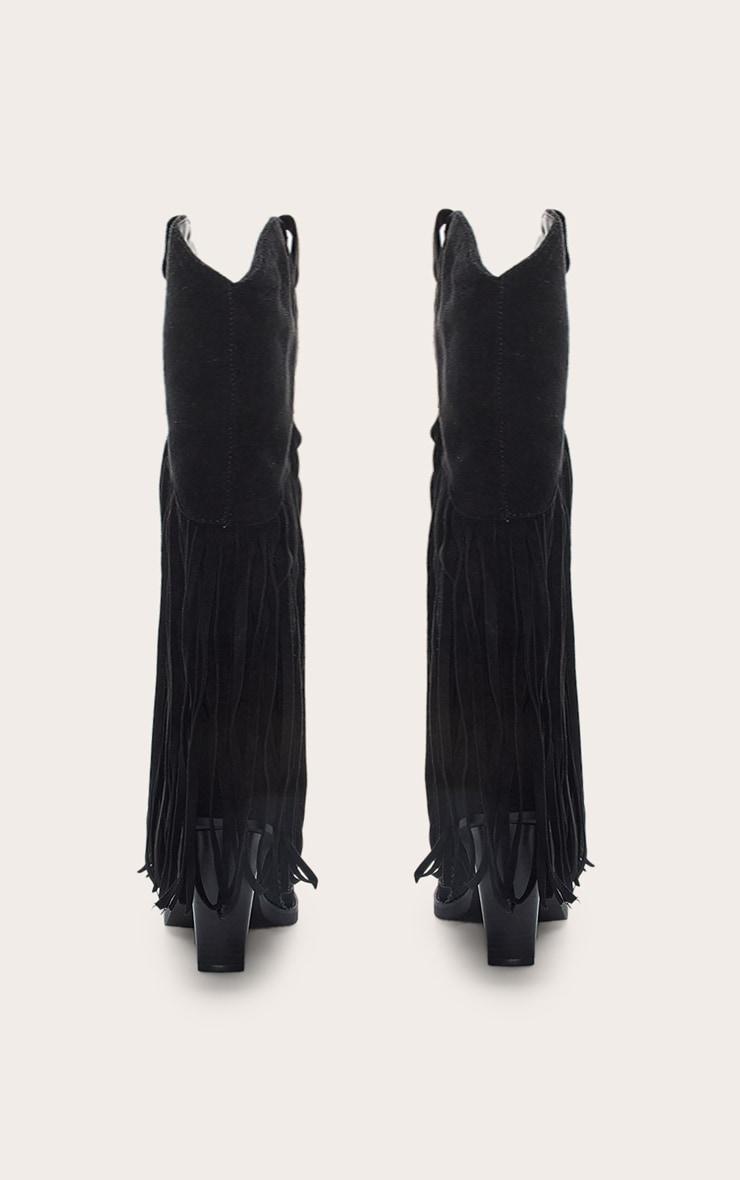 Black Faux Suede Point Toe Fringed Heel Knee High Western Boots Product Image