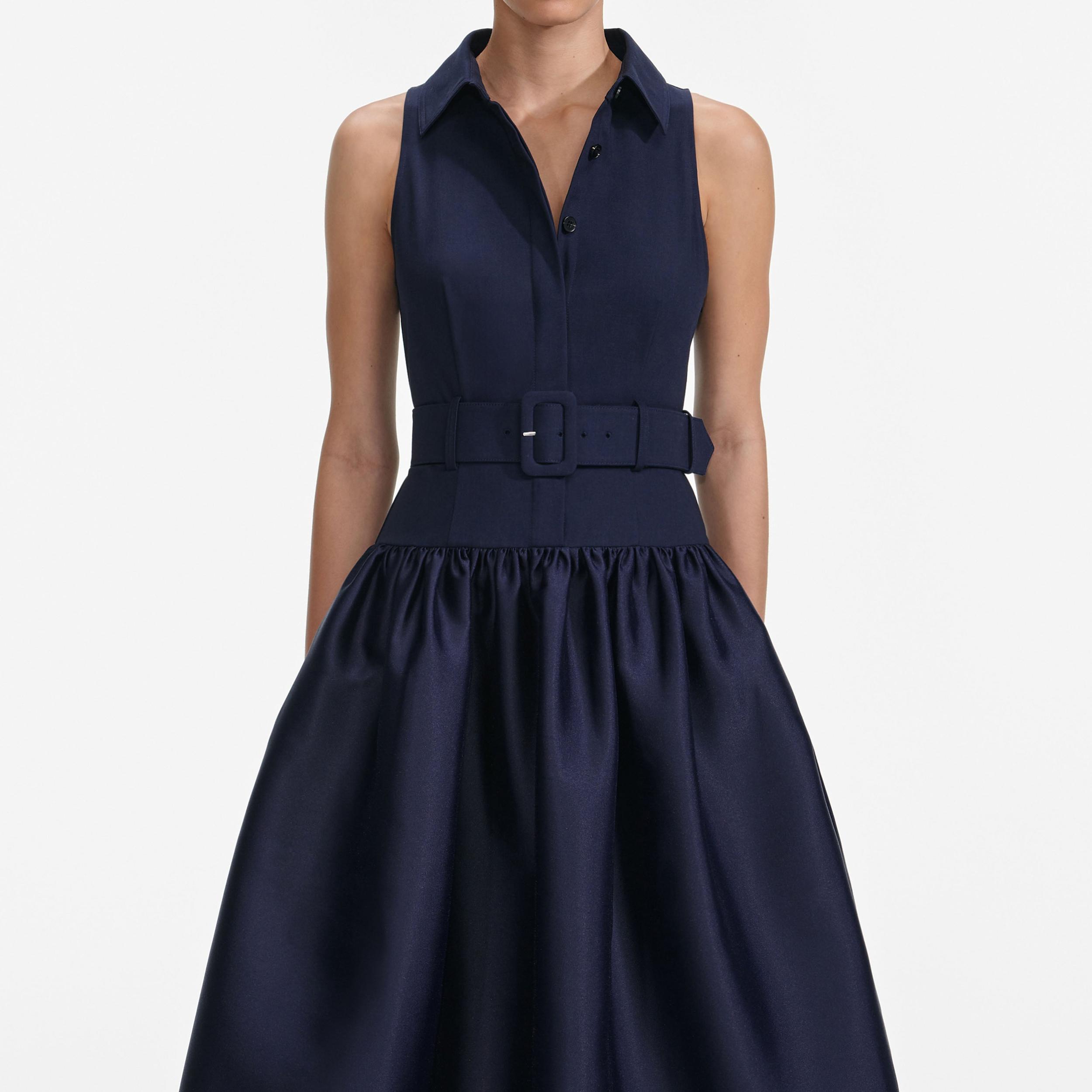 Navy Belted Twill Midi Dress Product Image