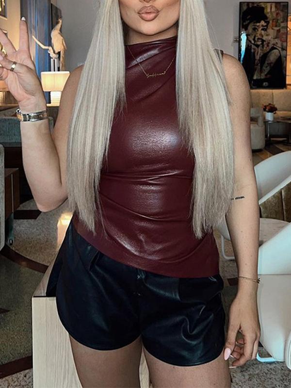 Skinny Sleeveless Asymmetric Pleated Solid Color Mock Neck Vest Top Product Image