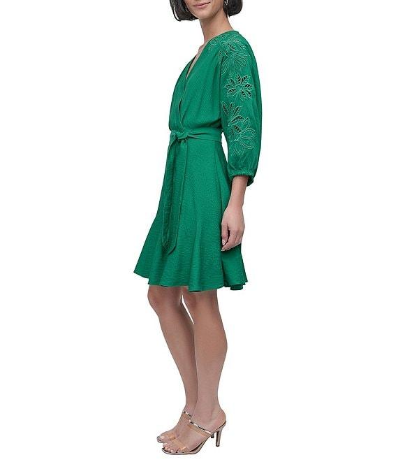 DKNY by Donna Karan Eyelet Surplice Neck 3/4 Sleeve Tie Belt Mini Dress Product Image