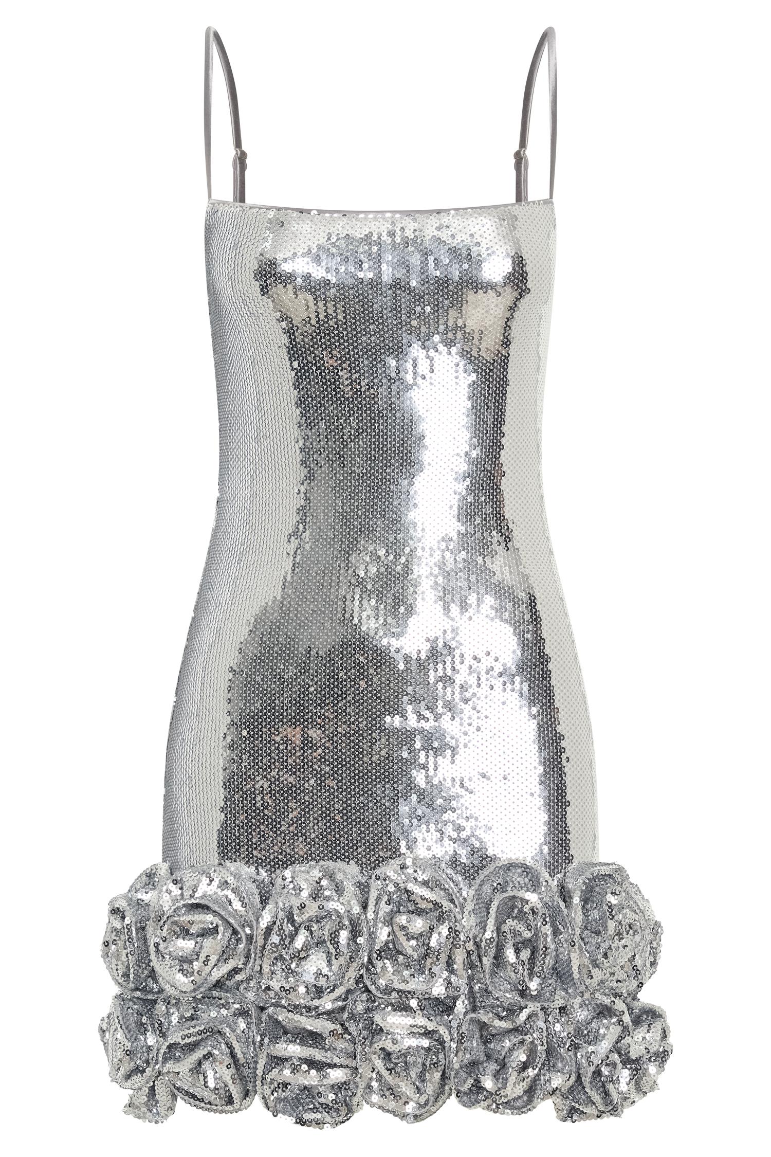 Faye Sequin Flower Mini Dress - Silver Product Image