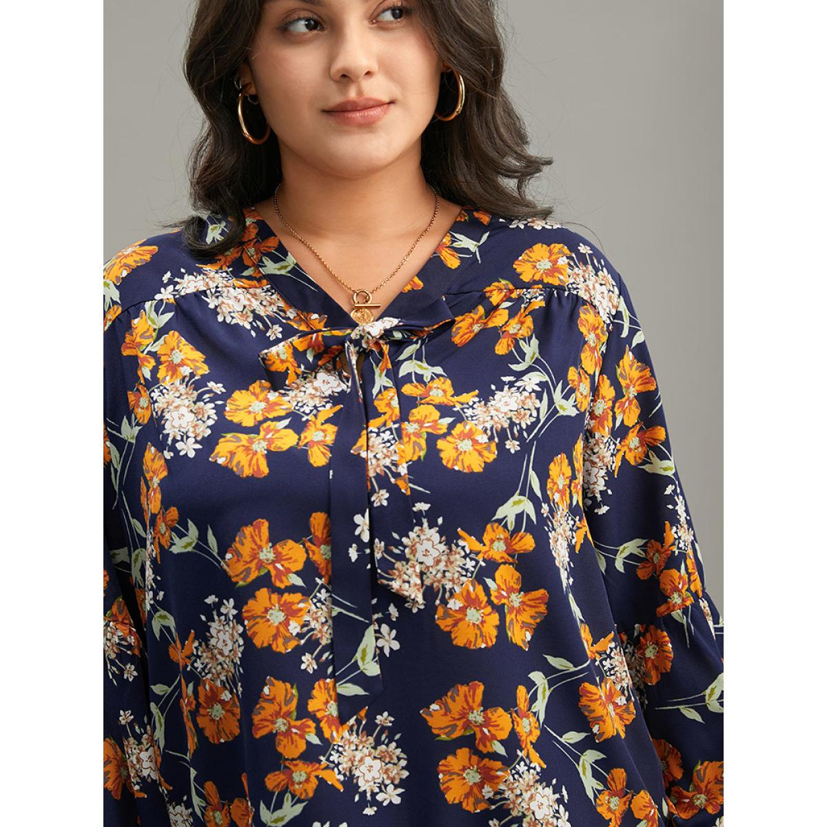 Plus Size Indigo Floral Print Bowknot Ties Lantern Sleeve Blouse Women Elegant Long Sleeve V-neck Dailywear Blouses BloomChic 14-16/1X Product Image