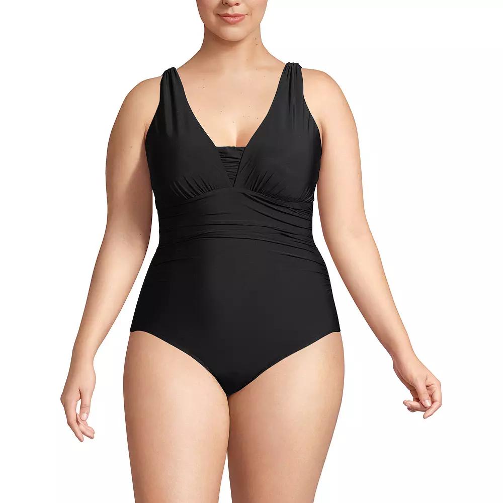 Plus Size Lands' End SlenderSuit Long Torso Grecian Tummy Control One-Piece Swimsuit, Women's, Size: 18 W LONG, Black Product Image