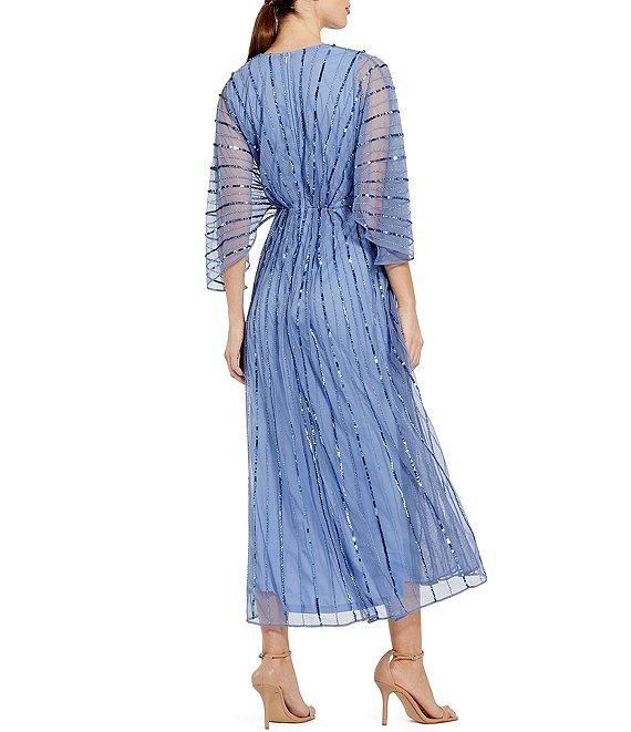 Mac Duggal Sequin Mesh Beaded Striping Kimono Sleeve V-Neck A-Line Midi Dress Product Image