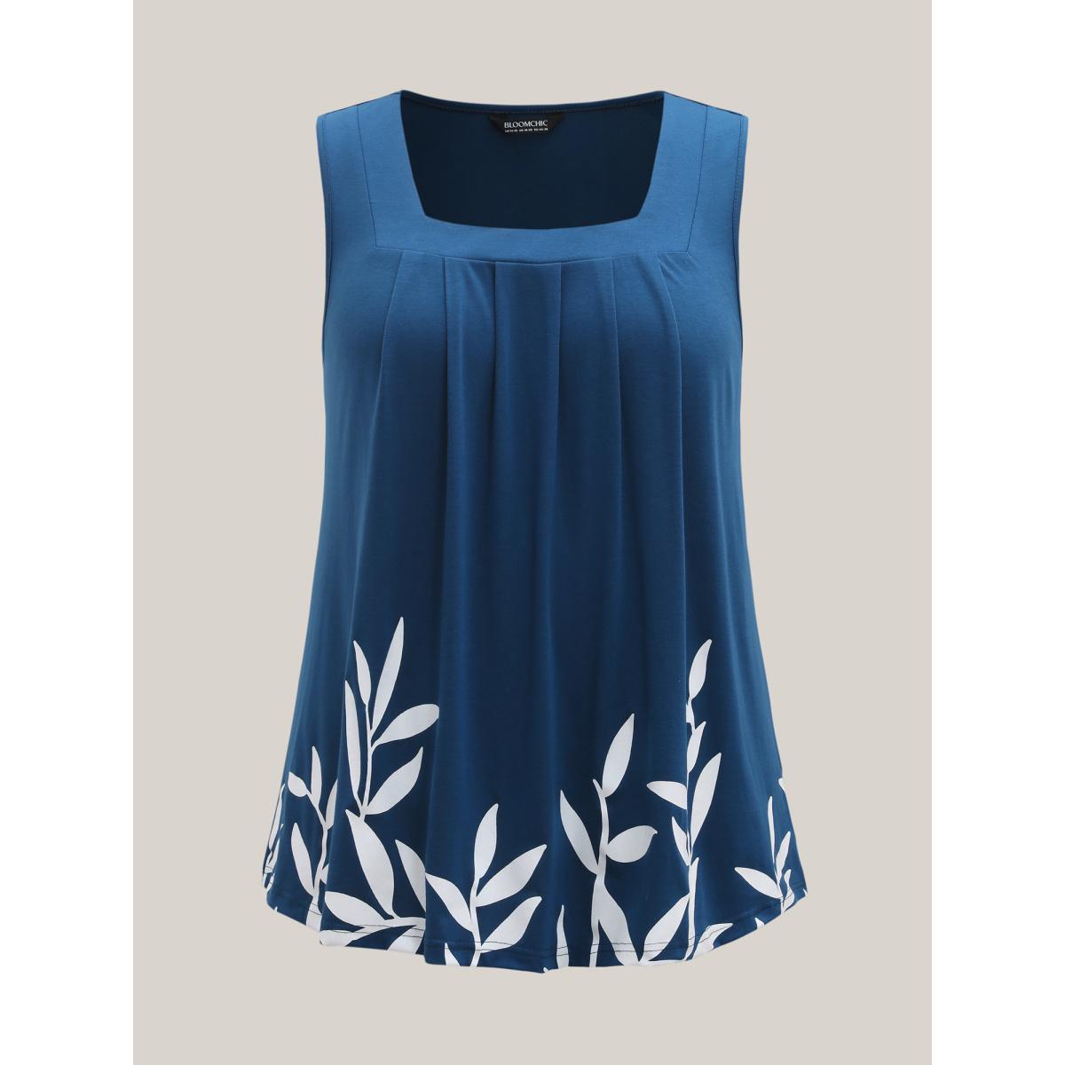 Plus Size Leafy Printed Hem Pleated Sleeveless Top Women Mediumblue Resort Pleated Square Neck Vacation Tank Tops Camis BloomChic 12/L Product Image