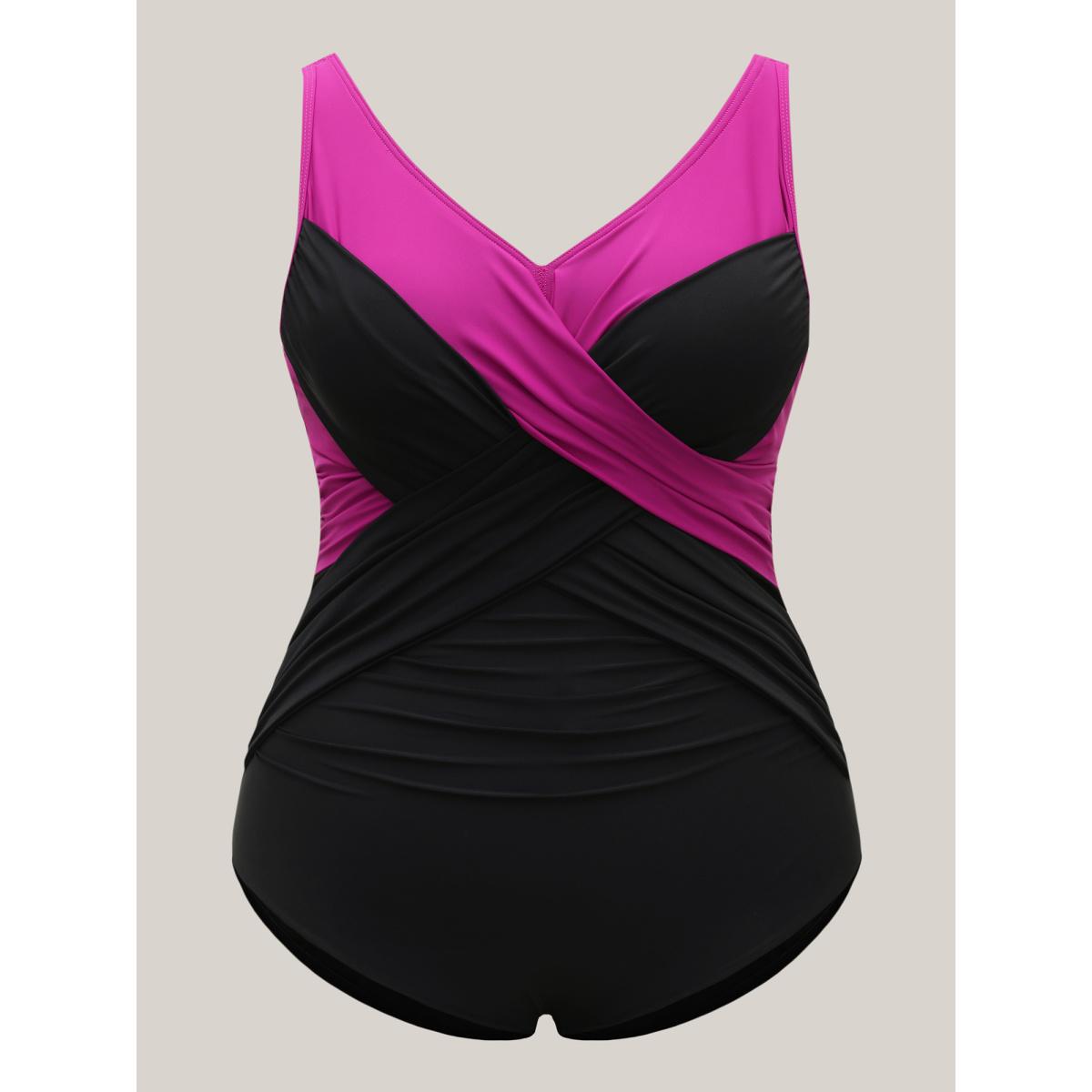 Plus Size Color Block Twist Front One-Piece Swimsuit Women's Swimwear RedViolet Resort Twist Curve Bathing Suits High stretch One Pieces BloomChic 14-16/1X Product Image