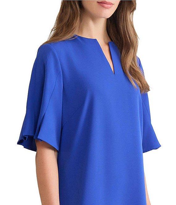 Ming Wang Crepe De Chine Split V-Neck Short Sleeve Pleated A-Line Dress Product Image
