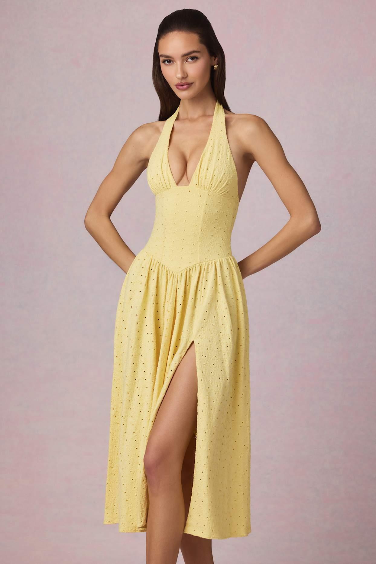 Broderie Anglaise Halterneck Midaxi Dress in Lemon Yellow Product Image