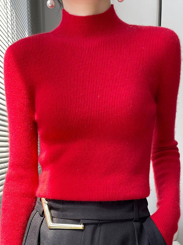Casual Skinny Long Sleeves Solid Color Half Turtleneck Sweater Tops Product Image
