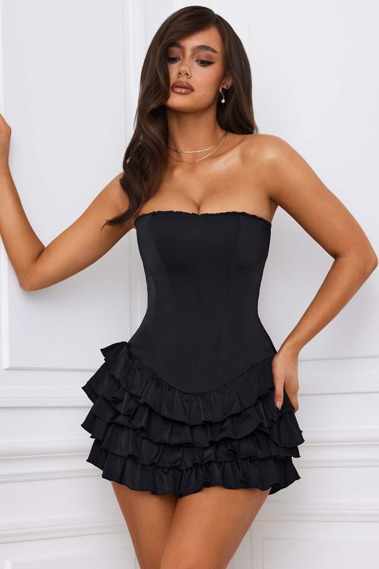 Bandeau Ruffled Tiered Corset Mini Dress in Black Product Image