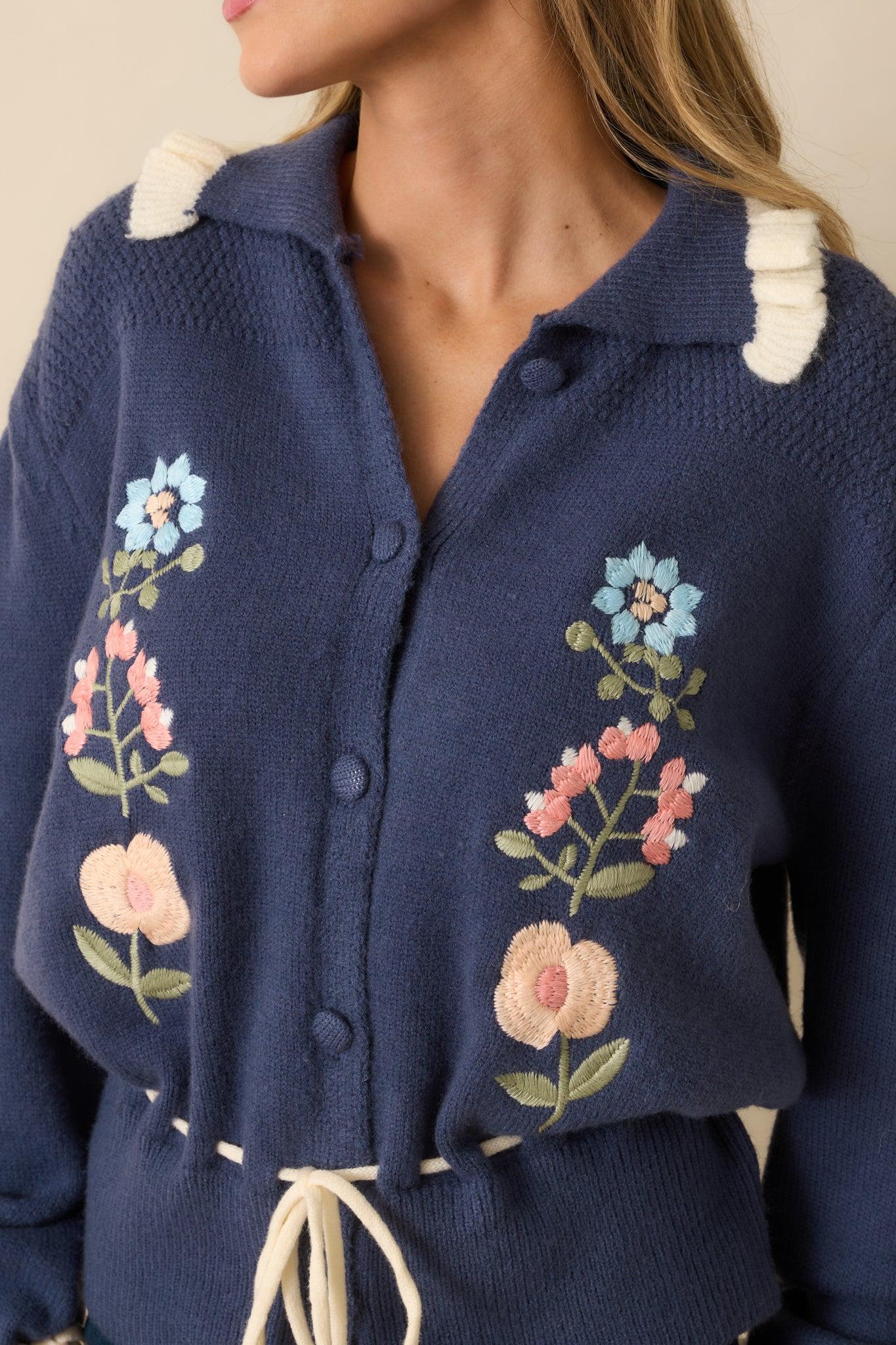 Nothing Better Dusty Blue Floral Embroidered Drawstring Waist Cardigan Product Image