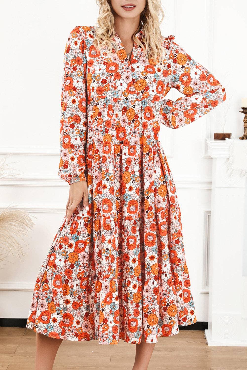 Floral Collared Tiered Midi Dress: Multicolor Product Image