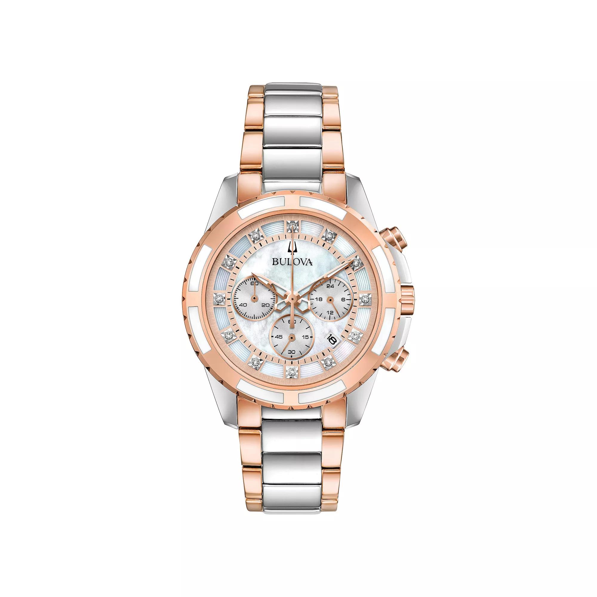 Bulova Womens Two-Tone Stainless Steel Chronograph Diamond Accent Bracelet Watch - 98P181 Gold Silver Product Image