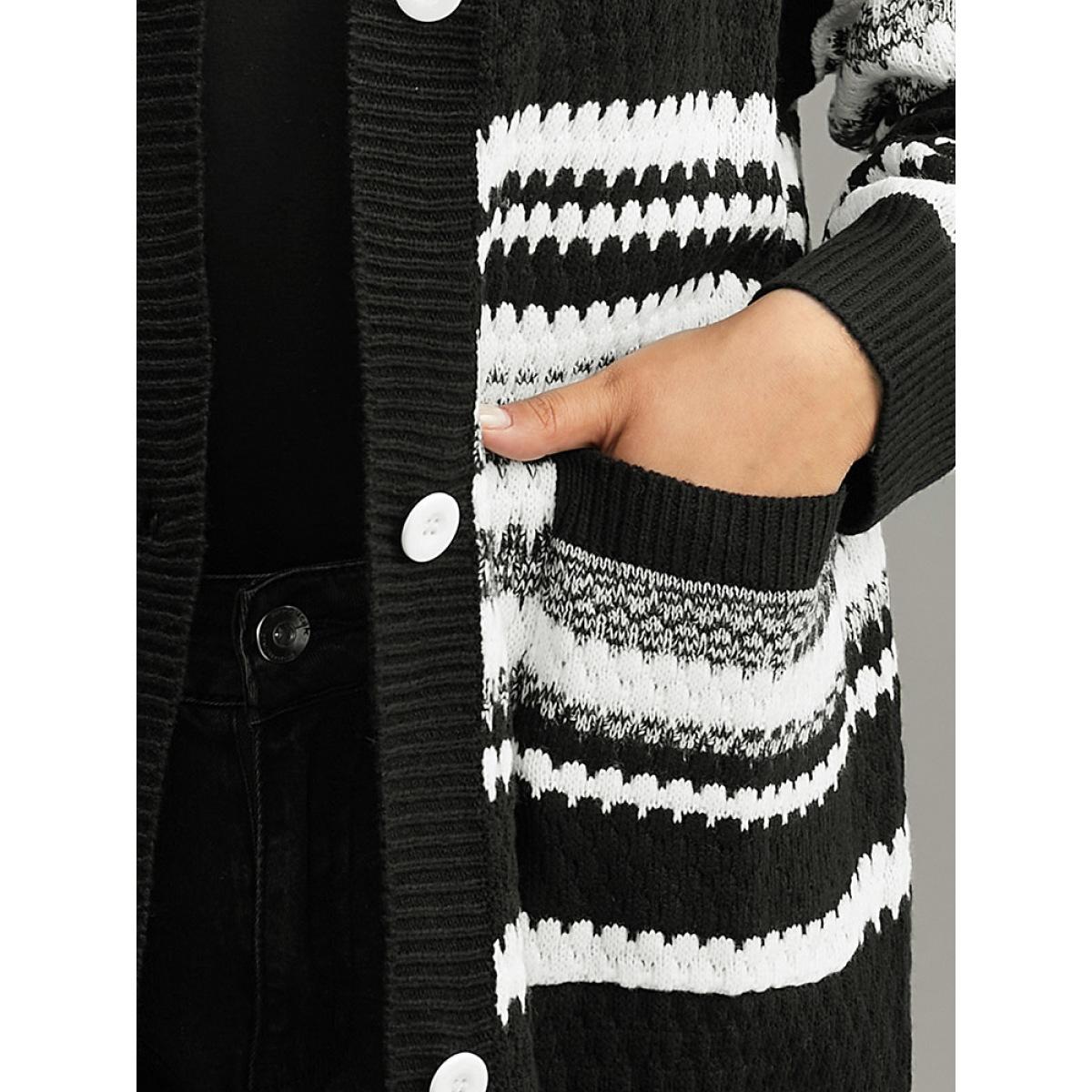 Plus Size Striped Patched Pocket Button Up Cardigan Multicolor Women Casual Loose Long Sleeve Dailywear Cardigans BloomChic 10/M Product Image
