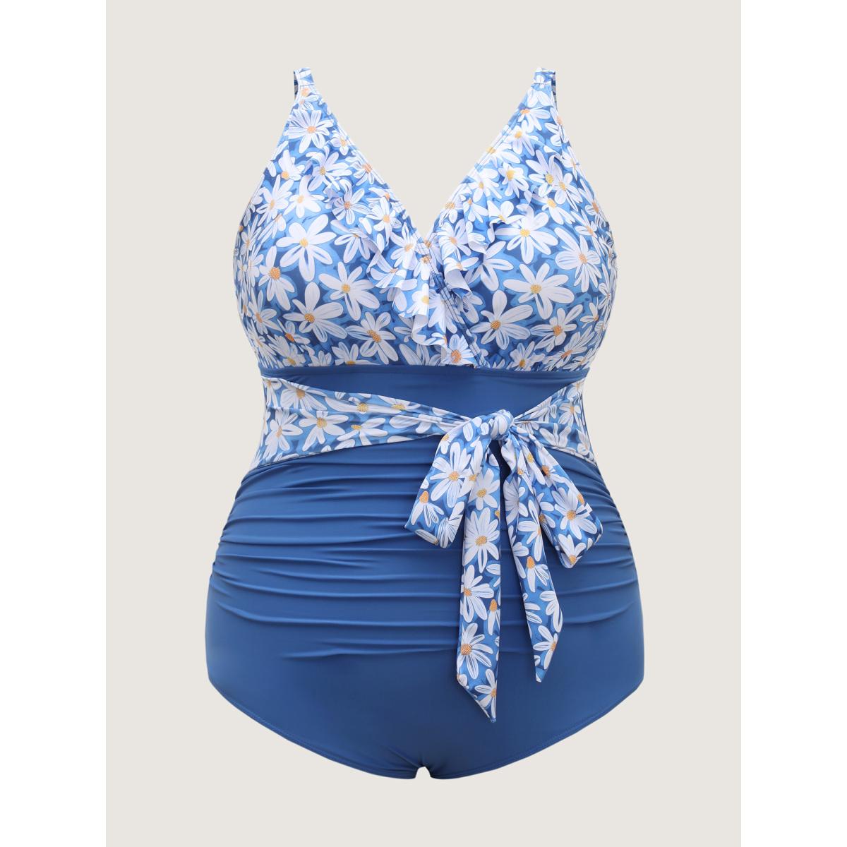 Plus Size Floral Belted Ruffled One-Piece Swimsuit Women's Swimwear Mediumblue Beach Curve Bathing Suits High stretch One Pieces BloomChic 18-20/2X Product Image
