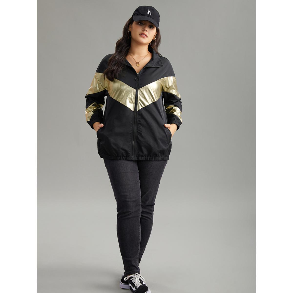 Plus Size Geometric Patchwork Contrast Zipper Jacket Women Black Elastic cuffs Pocket Dailywear Jackets BloomChic 18-20/2X Product Image