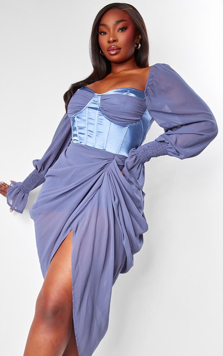 Plus Mineral Blue Satin Insert Draped Chiffon Midi Dress Product Image