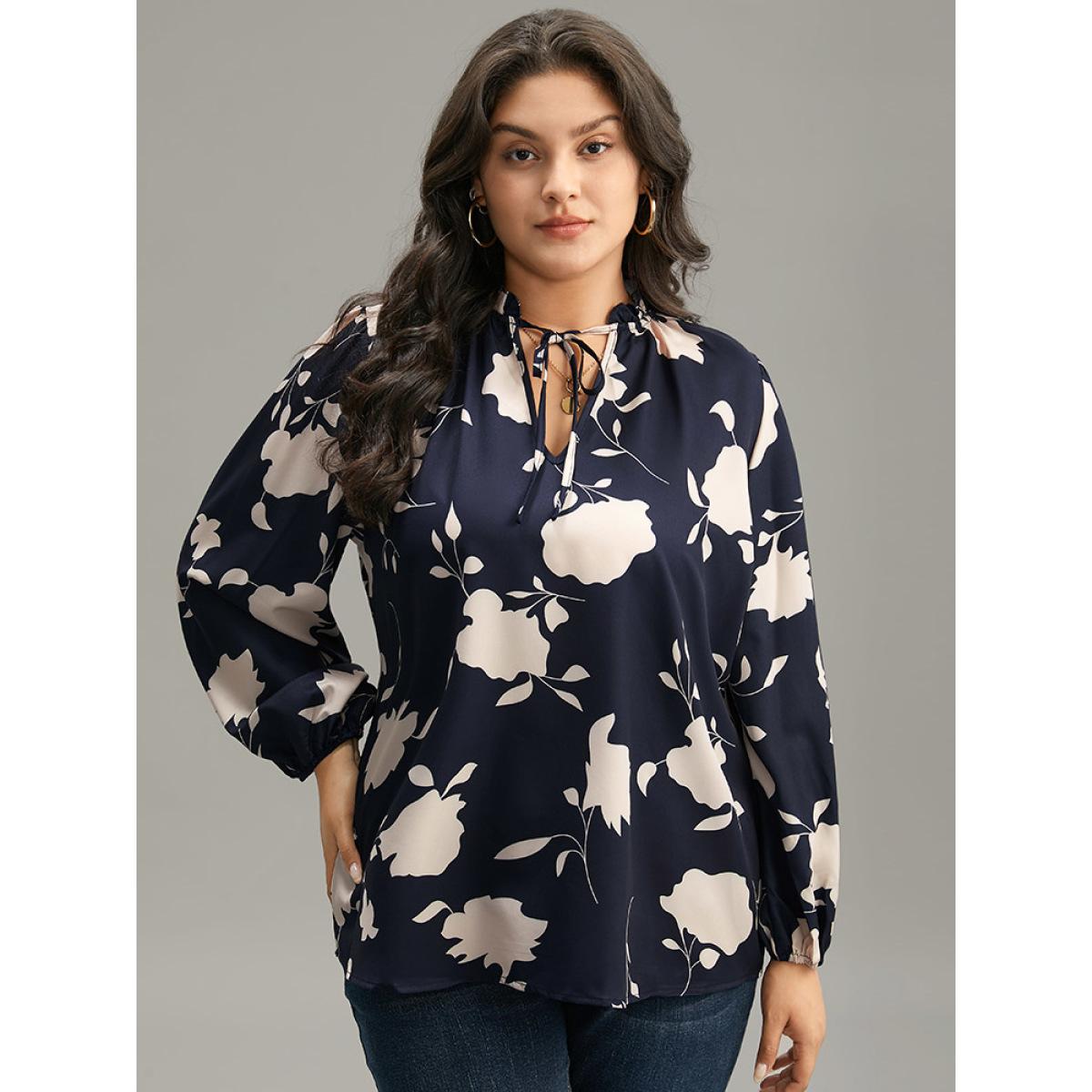 Plus Size Indigo Silhouette Floral Print Stand Collar Tie Neck Blouse Women Elegant Long Sleeve Tie Neck Dailywear Blouses BloomChic 10/M Product Image