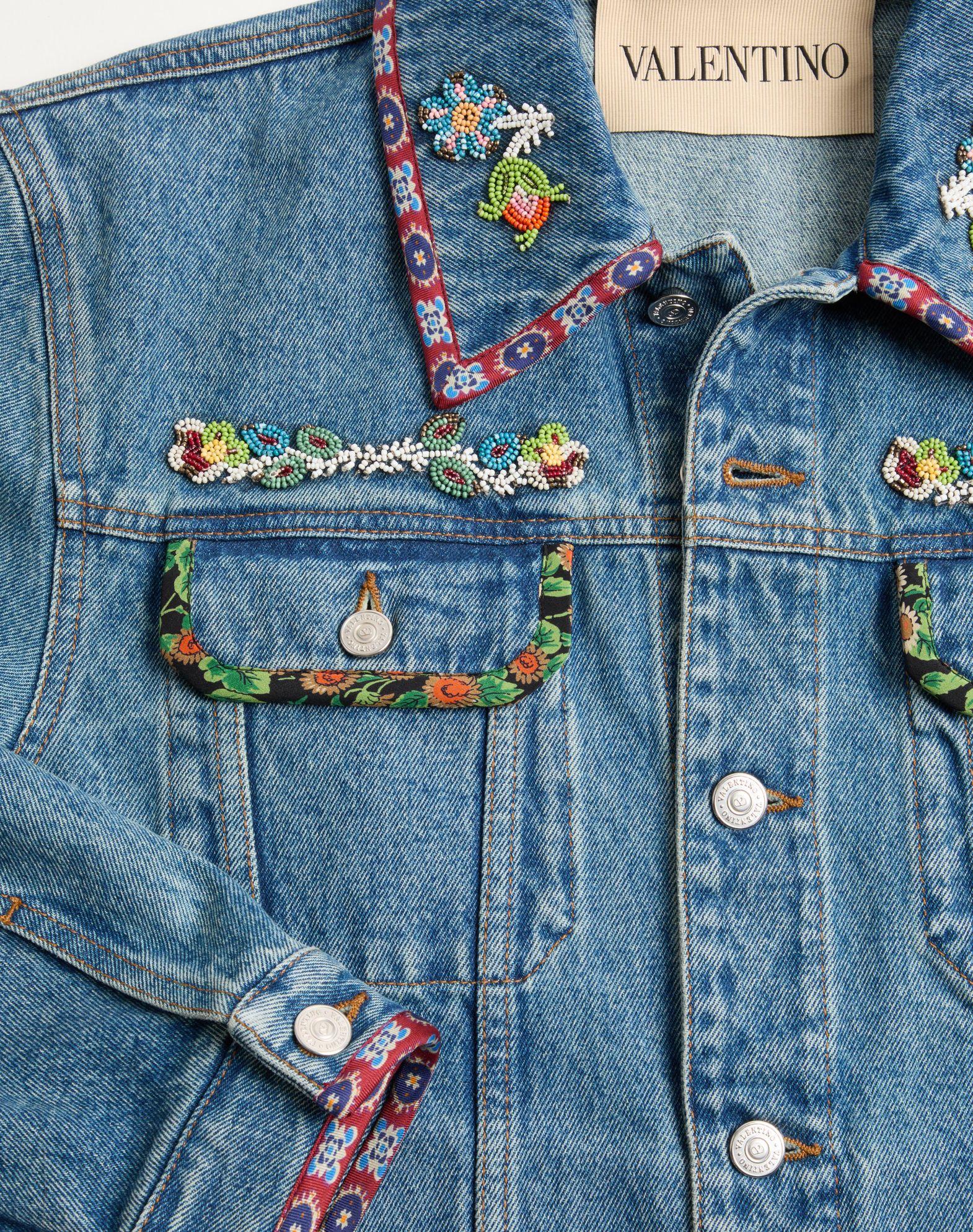 Denim Jacket With Beaded Embroidery And Printed Edges Product Image