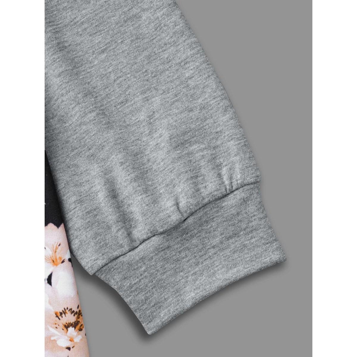 Plus Size Floral Patchwork Hooded Drawstring Sweatshirt Women DarkGray Casual Contrast Hooded Everyday Sweatshirts BloomChic 10/M Product Image