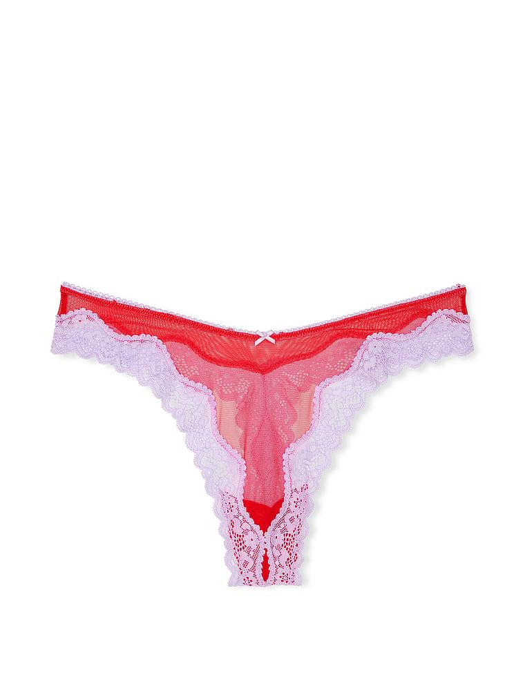 Tease Mesh Lace-Trim High-Leg Thong Panty Product Image