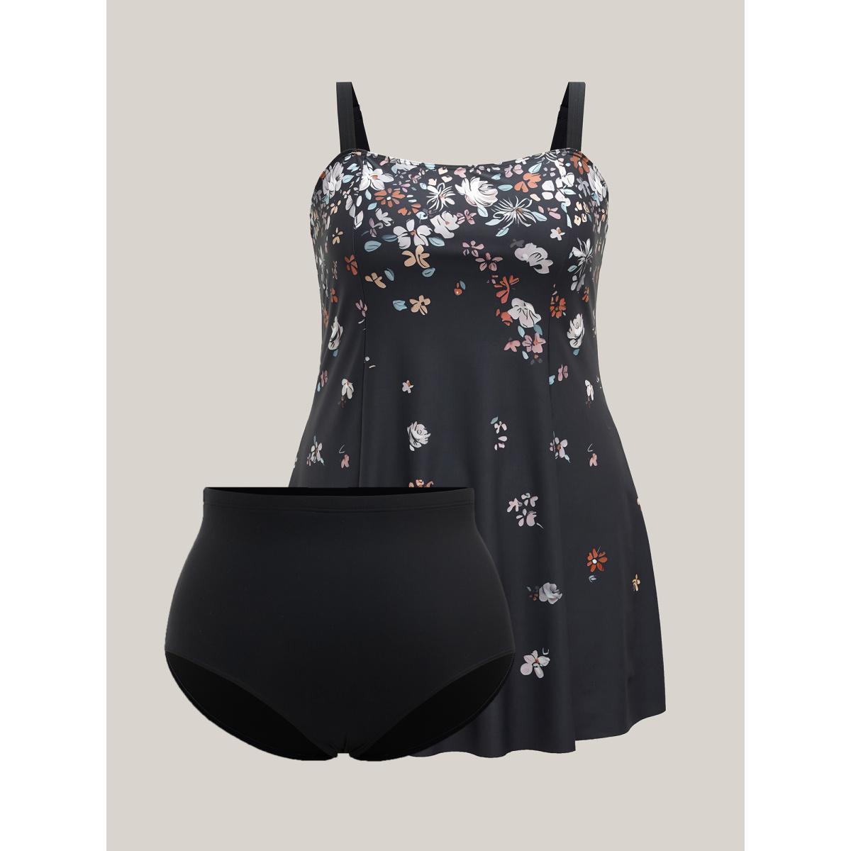 Plus Size Floral Print Non-Removable Cups Swim Dress Women's Swimwear Black Beach Bodycon Square Neck High stretch Curve Swim Dresses BloomChic 14-16/1X Product Image